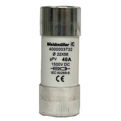 Fusible avec inscription : 'Weidmüller', type : 22x58, gPV, 40A, 1500V DC, IEC 60269-6, certification CE.