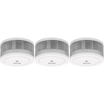 Trois détecteurs de fumée alignés, chaque appareil étant cylindrique avec un boîtier blanc et une grille.