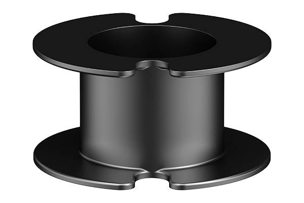 Pièce métallique noire cylindrique avec bords supérieur et inférieur larges, fréquemment utilisée dans des applications mécaniques ou industrielles.