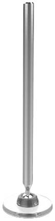 Un stylo métallique argenté reposant sur un socle rond. Le stylo a une forme cylindrique élancée et une surface lisse.