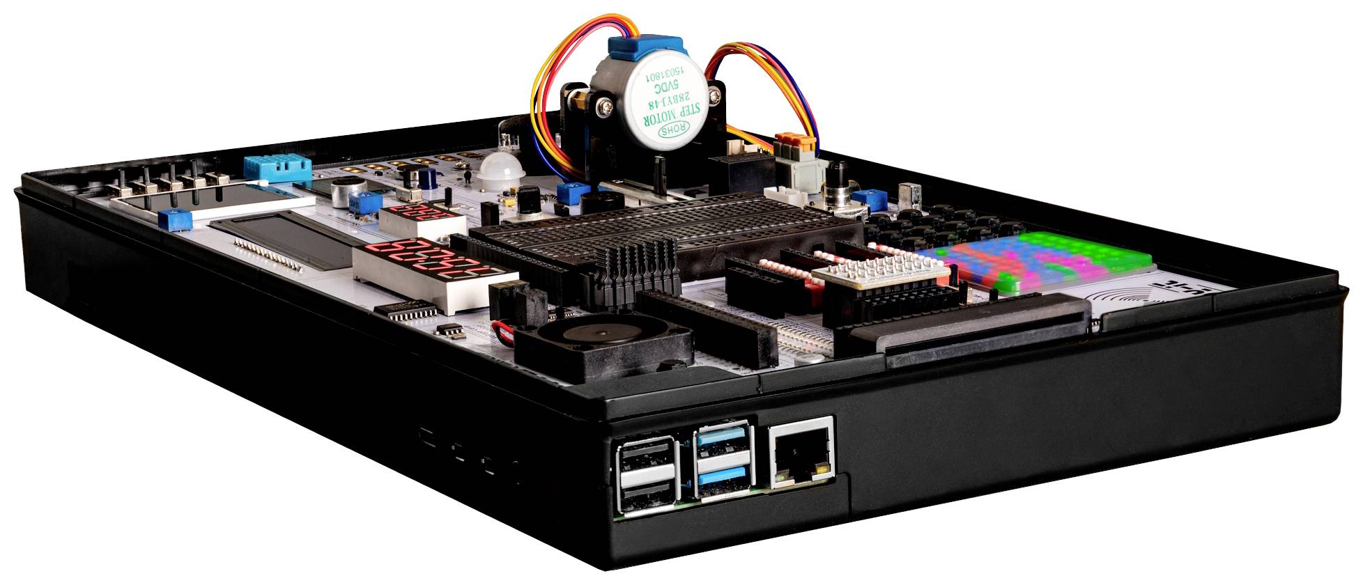 Un module informatique ouvert avec divers composants électroniques, des ports USB et un ventilateur au centre.