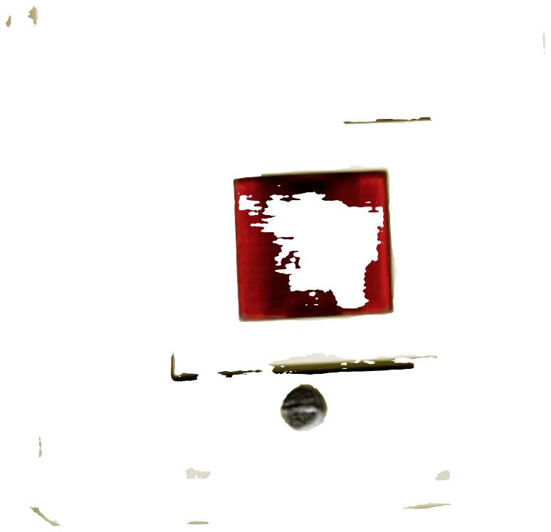 Mur blanc avec une peinture abstraite rouge et blanche et une petite boule grise en dessous.