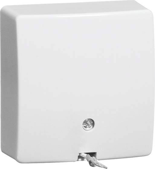 Un boîtier rectangulaire blanc avec une ouverture pour vis en bas et des câbles dépassant.