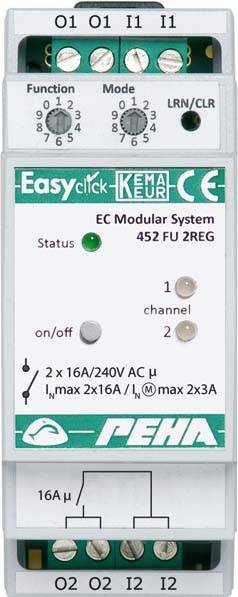'EC Système Modulaire 452 FU 2REG' de PEHA, un actionneur radio électronique à deux canaux pour 16A/240V CA. Commutateur de fonction et de mode en haut.
