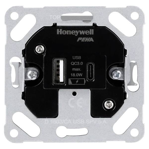 Prise murale blanche avec port USB de marque Honeywell PEHA, puissance maximale de 18,0W. Adaptée pour une installation murale.