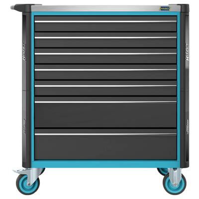 Un chariot à outils noir à sept tiroirs, roulant sur quatre roues bleues. Un plateau en acier inoxydable en haut, avec la marque dans le coin droit.