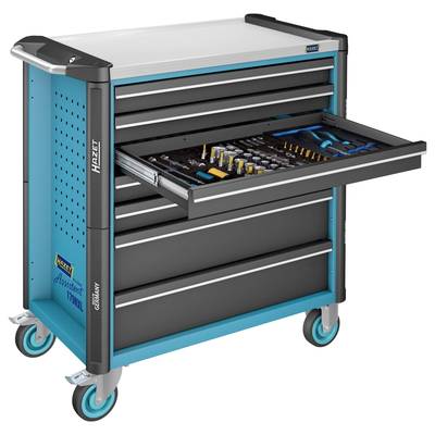 Chariot à outils avec des détails bleus, quatre roues et plusieurs tiroirs, dont un est partiellement ouvert pour montrer les outils.