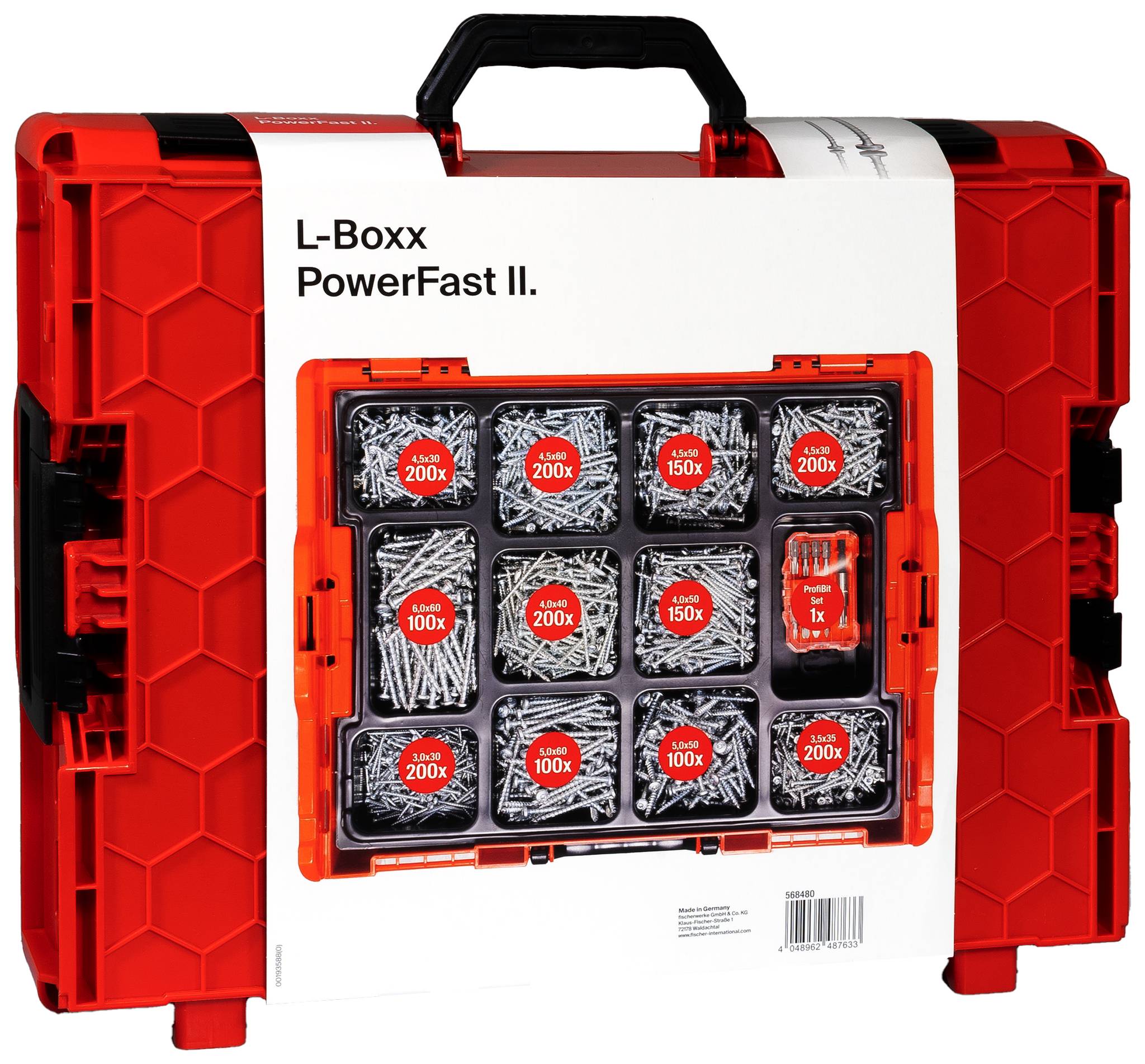 Coffret à outils rouge 'L-Boxx PowerFast II' avec plusieurs compartiments, rempli de différentes vis, illustré. Idéal pour les bricoleurs.