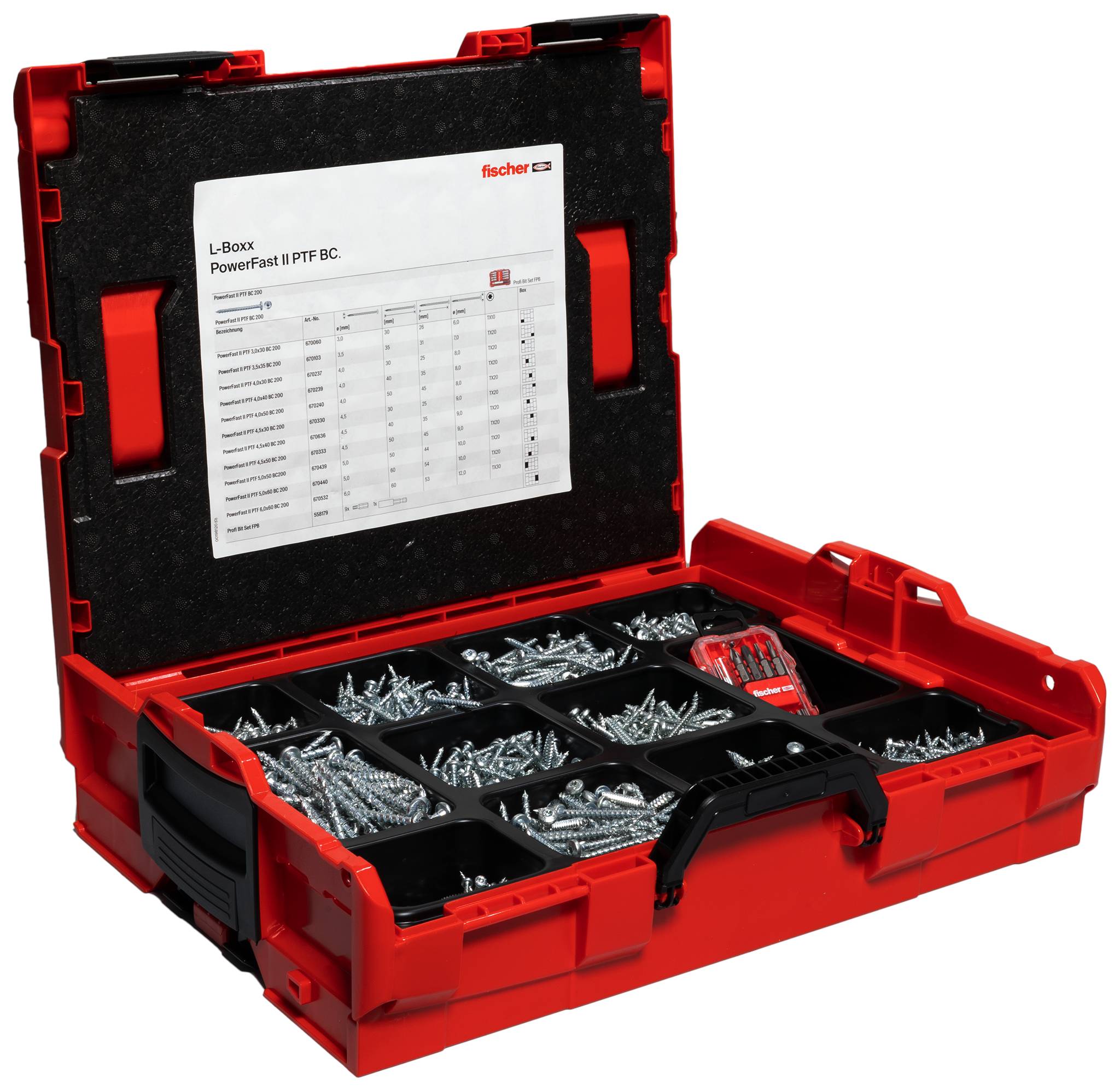 Boîte à outils rouge ouverte avec plusieurs compartiments remplis de vis de différentes tailles. Une étiquette avec des informations est apposée à l'intérieur.