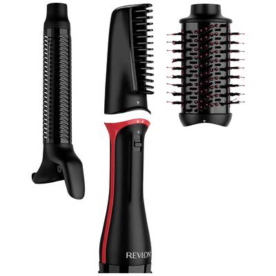 Un styler noir avec un détail rouge, équipé de trois embouts interchangeables : boucleur, brosse lissante et brosse ronde.