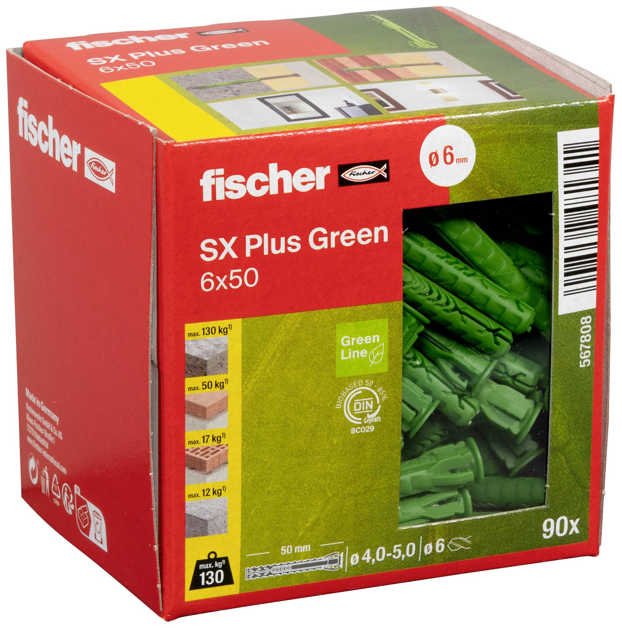 Emballage rouge portant l'inscription 'fischer SX Plus Green 6x50'. Contient 90 chevilles vertes. Adaptées pour des charges jusqu'à 130 kg.