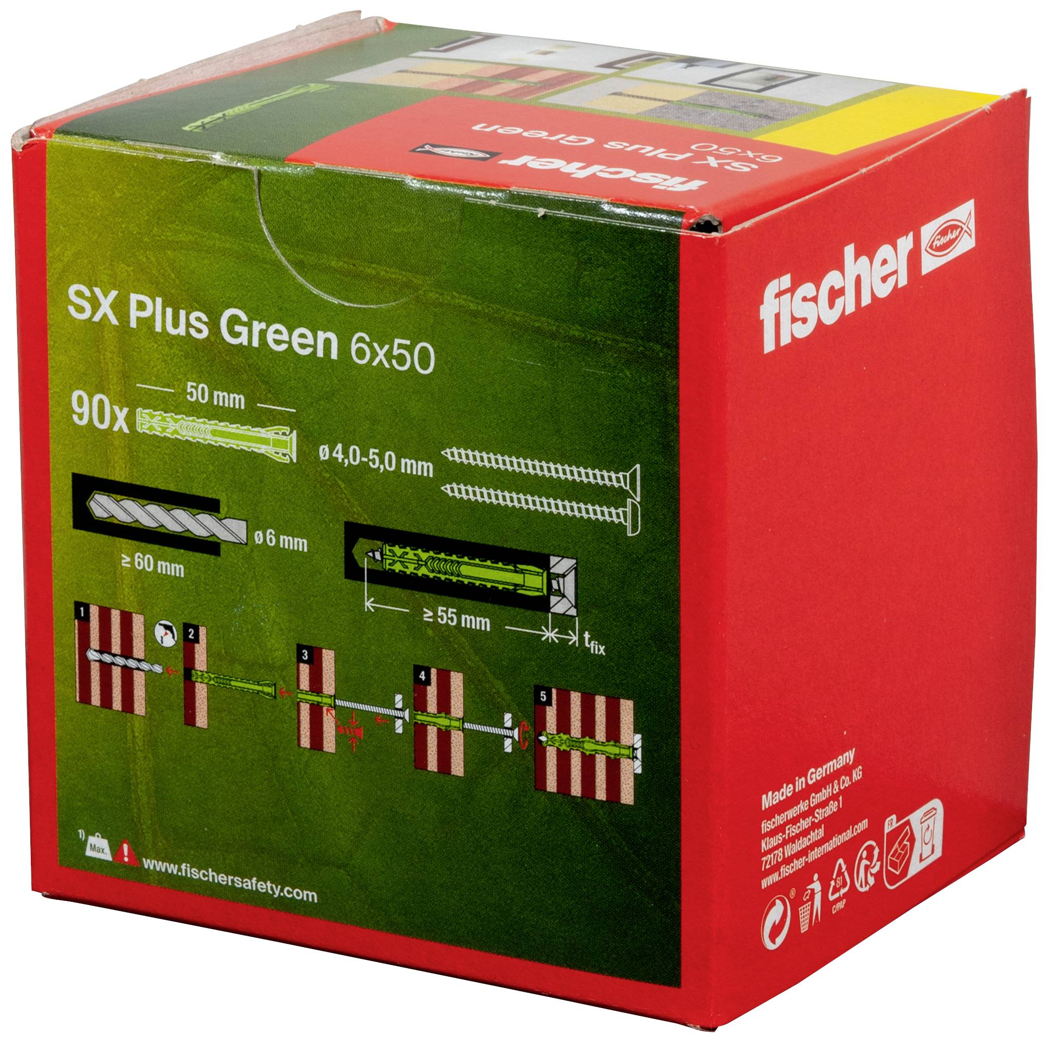 Coffret de 90 chevilles Fischer SX Plus Green 6x50. L'illustration montre le montage pour vis à bois et panneaux de particules. Fabriqué en Allemagne.