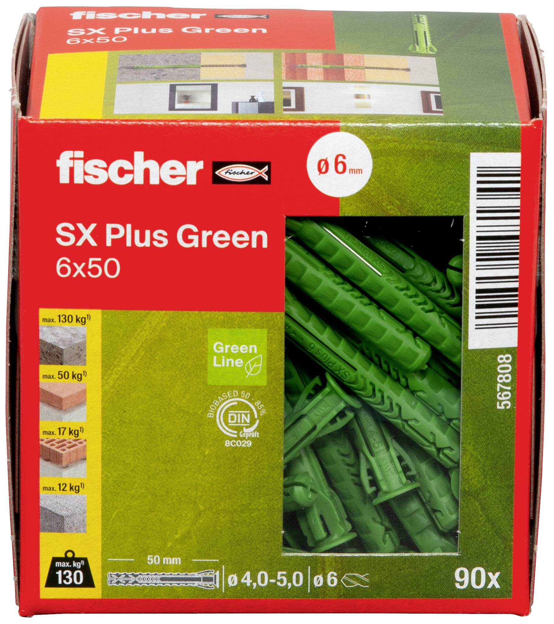 Emballage de chevilles fischer SX Plus Green 6x50, présentant 90 chevilles vertes avec des détails techniques et des informations d'application.