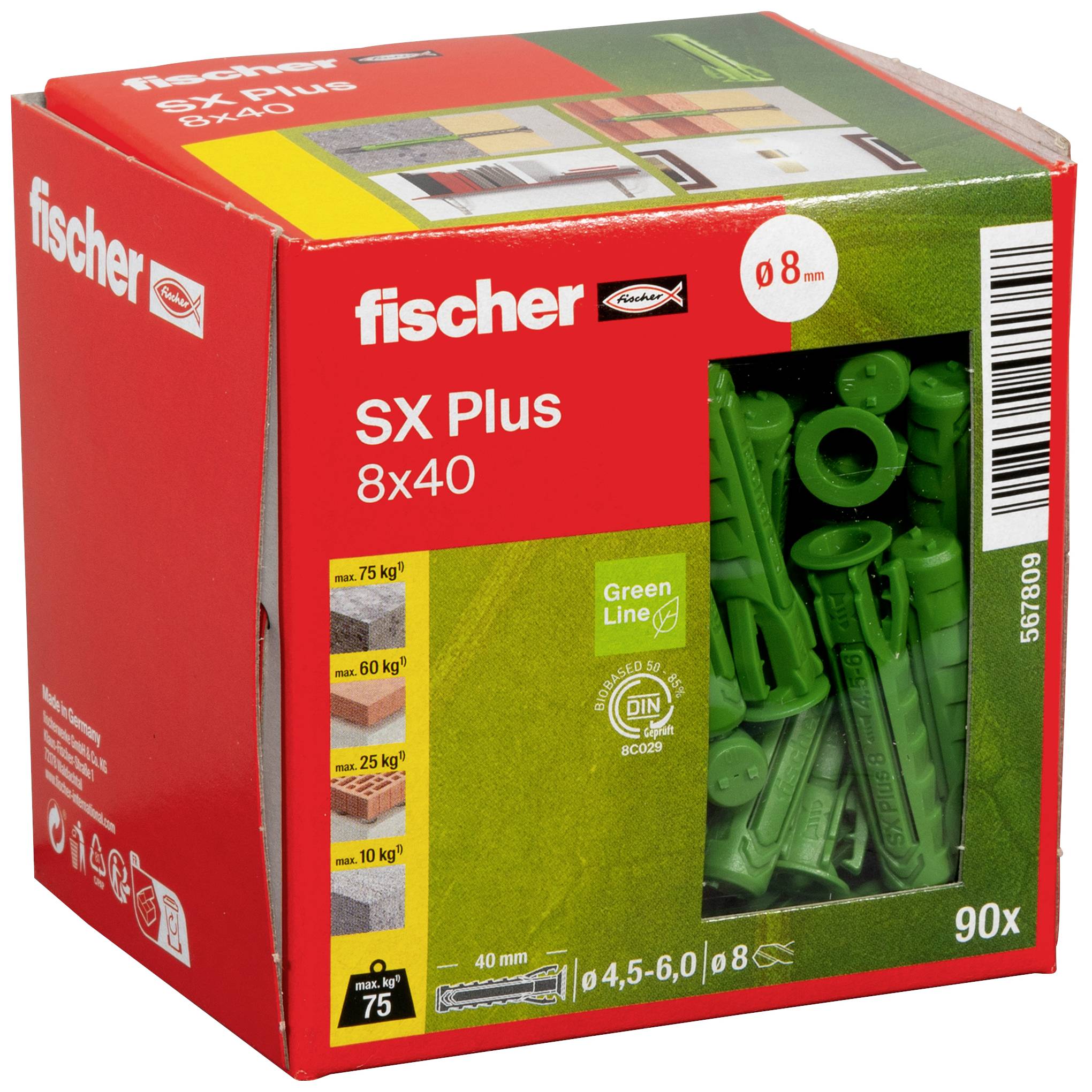 'Cheville Fischer SX Plus 8x40, verte, adaptée aux maçonneries et au béton, 90 pièces, conditionnée en carton, résistance à la traction d'environ 0,8 kN.'