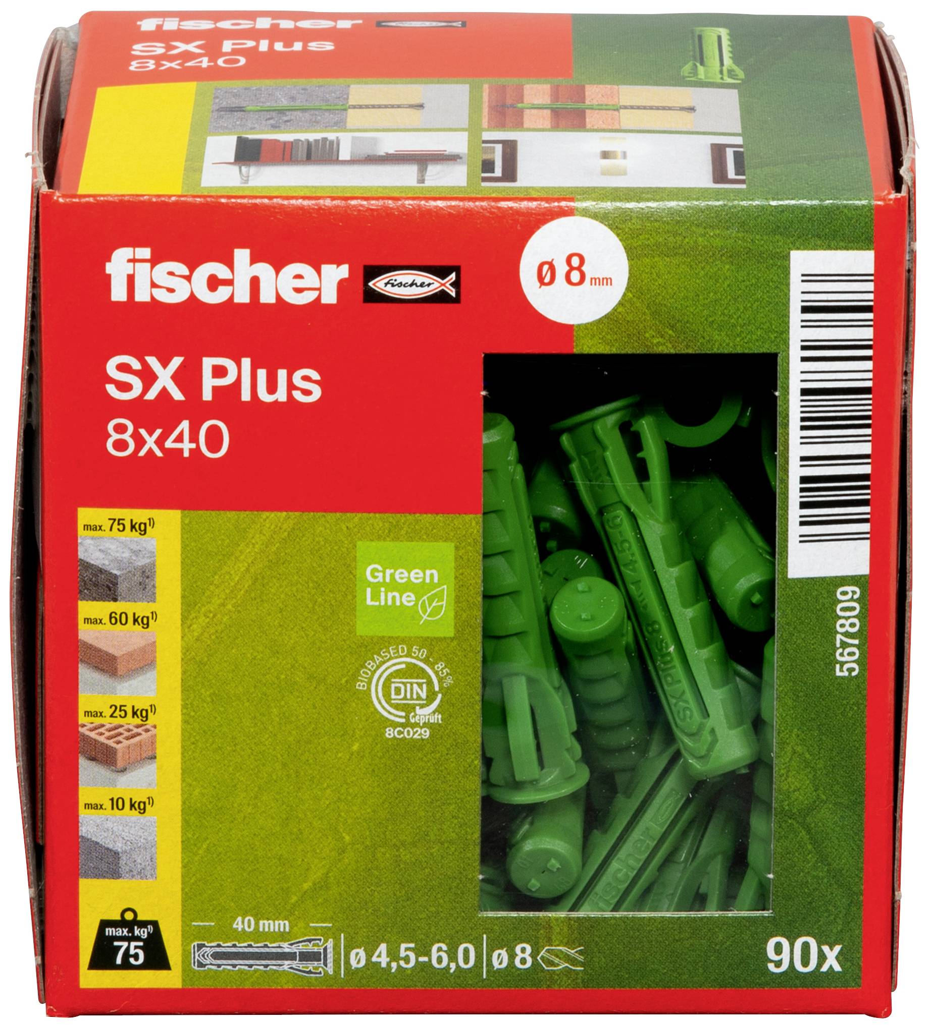 Boîte en carton de chevilles Fischer, modèle SX Plus, taille 8x40 mm, contenant 90 pièces. Des chevilles vertes sont représentées sur l'emballage.
