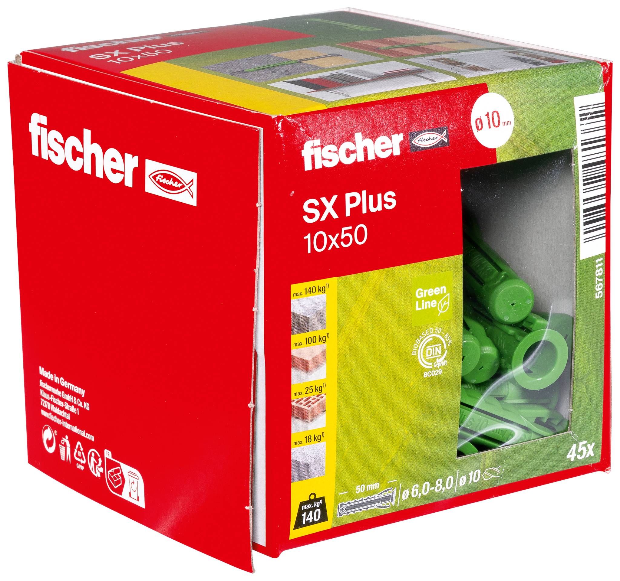 Boîte de chevilles murales Red Fischer SX Plus 10x50 avec des chevilles vertes visibles à travers la fenêtre frontale, étiquetée « 45x » et « 10 mm ».