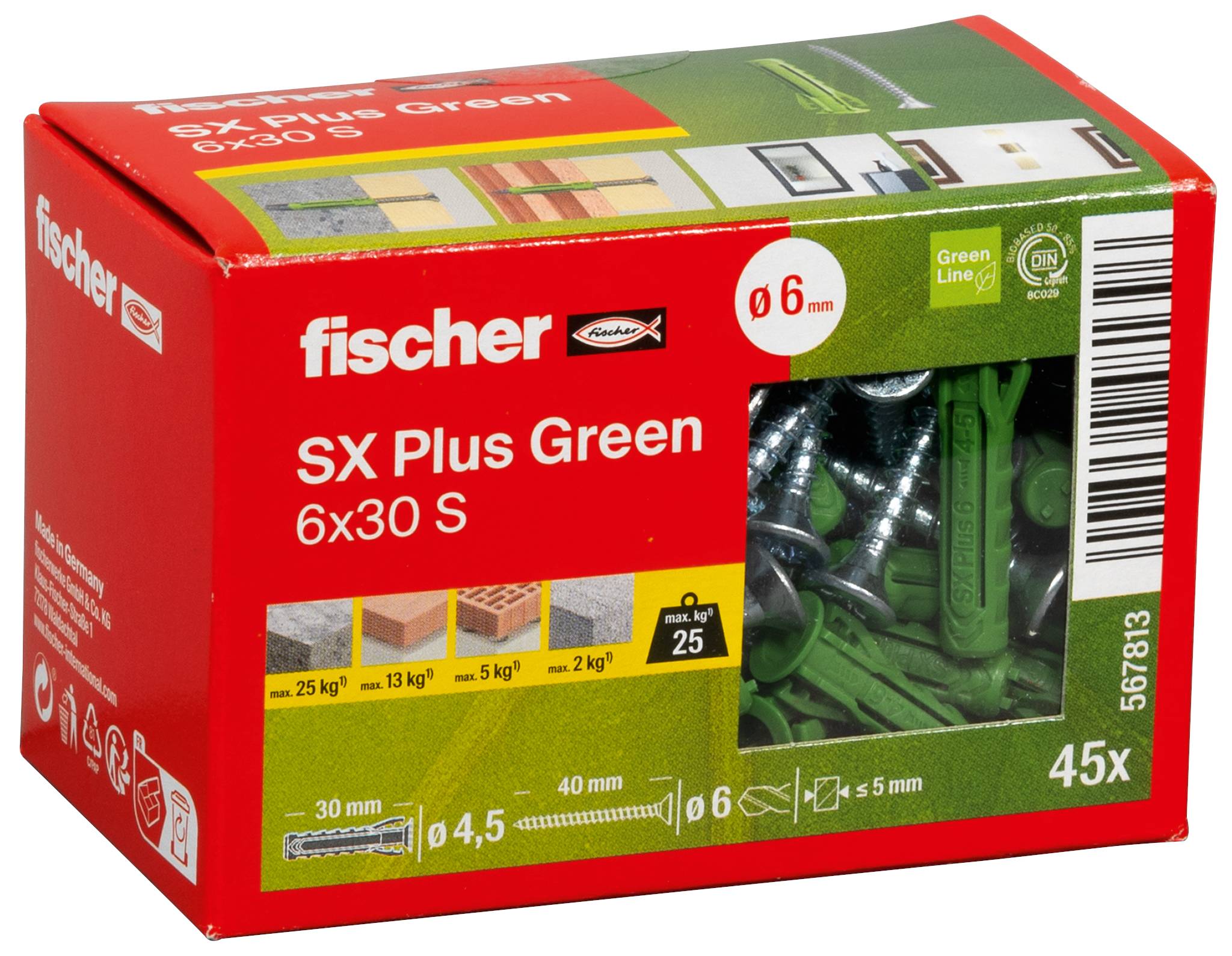 Boîte de chevilles murales Fischer SX Plus Green 6x30 S, montrant une fenêtre avec des chevilles vertes, 45 pièces, et les spécifications du produit sur l'emballage.