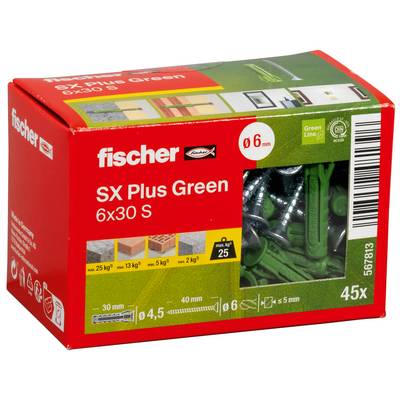 Boîte de chevilles murales Fischer SX Plus Green 6x30 S, montrant une fenêtre avec des chevilles vertes, 45 pièces, et les spécifications du produit sur l'emballage.