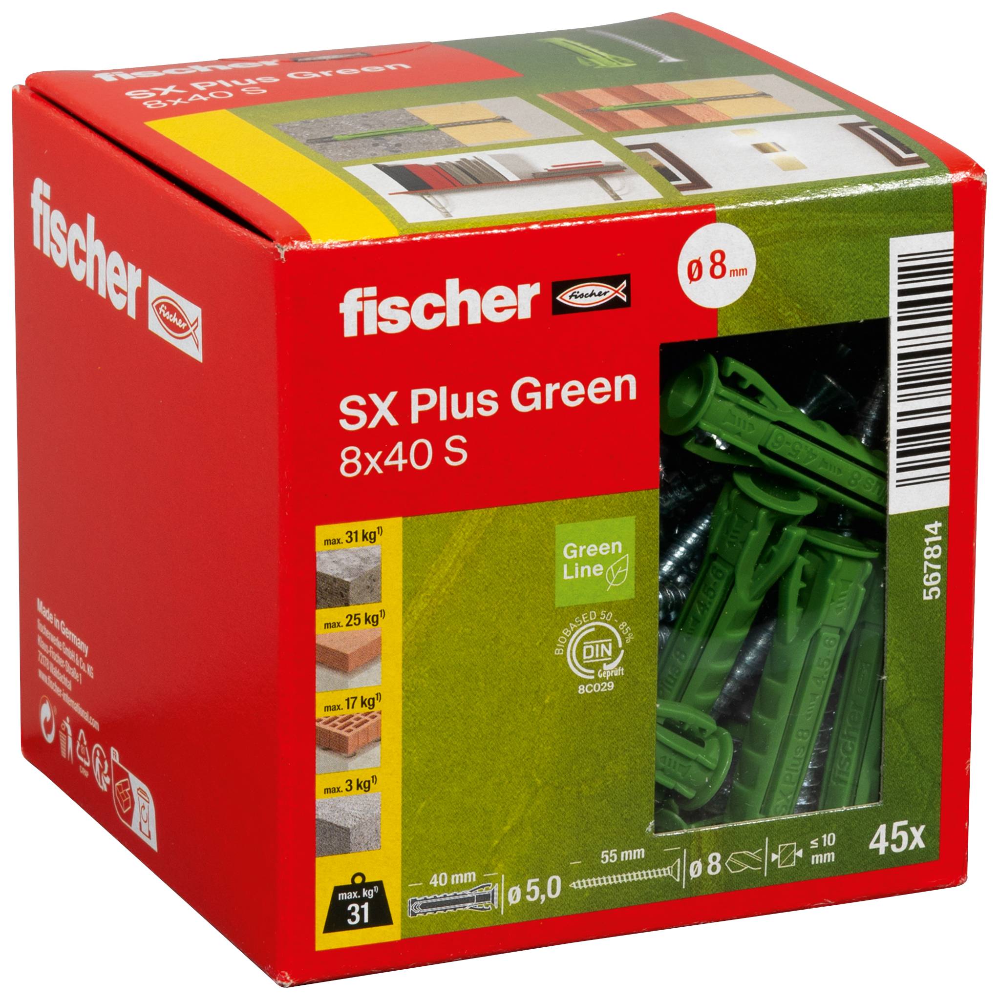 Boîte de chevilles murales Fischer SX Plus Green 8x40 S, montrant 45 chevilles vertes pour la fixation en construction.