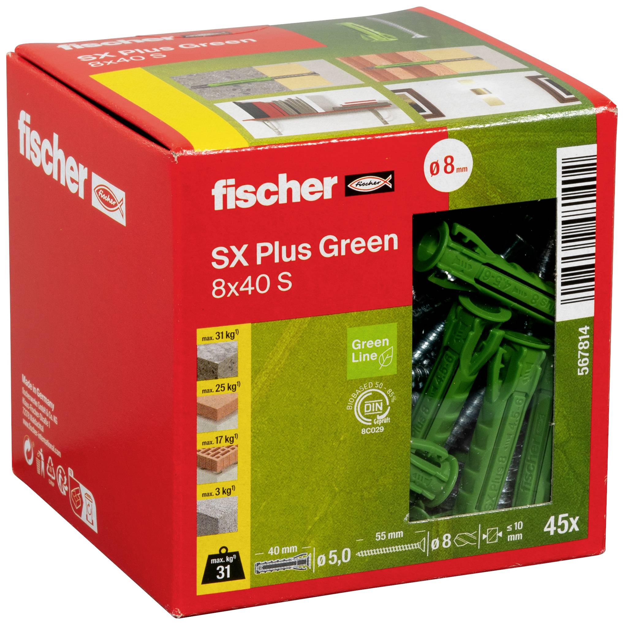 Emballage rouge de chevilles Fischer, "SX Plus Green" 8x40 S, lot de 45 pièces. Contient des indications de poids et des symboles d'éco-responsabilité.