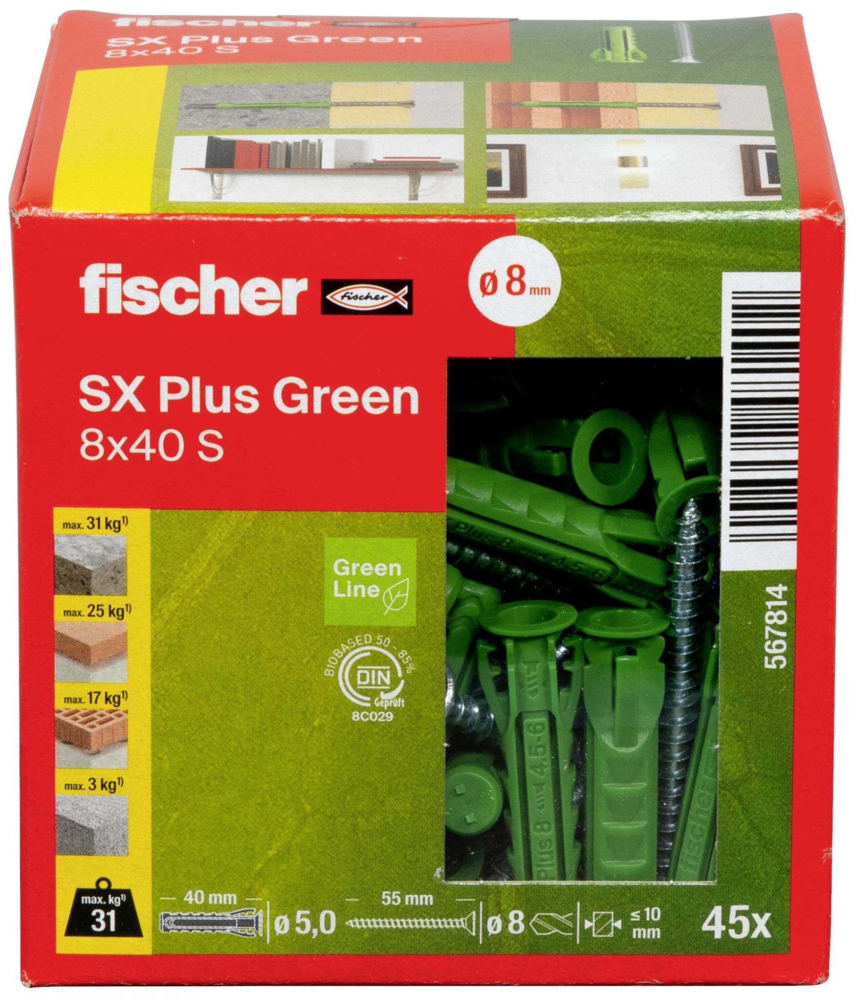 Une boîte de chevilles Fischer SX Plus Green 8x40 S. Elle présente des chevilles, des vis et des symboles indiquant la capacité de charge et la taille.