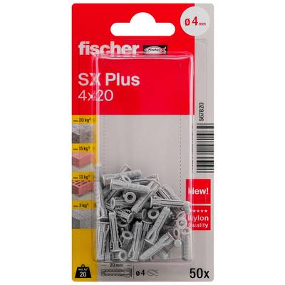 Paquet de chevilles murales Fischer SX Plus, 4x20 mm, 50 pièces, présenté dans un emballage blister transparent avec des chevilles grises à l'intérieur et les charges admissibles indiquées sur la gauche.