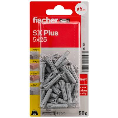 Paquet de chevilles murales Fischer SX Plus, 50 chevilles en nylon gris, taille 5x25 mm pour vis de 5 mm, avec les charges admissibles indiquées sur l'étiquette.