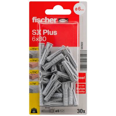 Paquet de chevilles murales Fischer SX Plus, 6 x 30 mm, 30 pièces, avec un devant transparent montrant les chevilles en plastique gris sur un emballage rouge et gris.