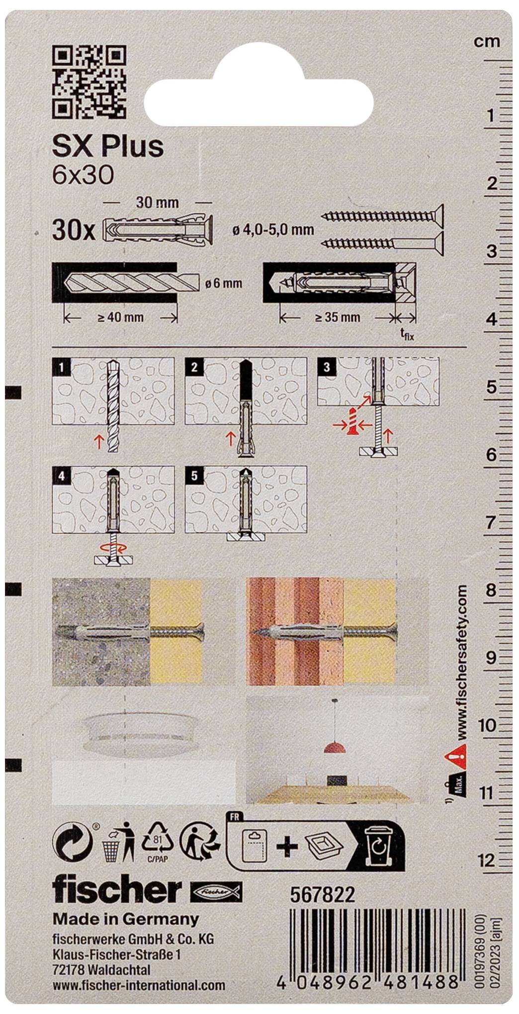 Dos de l'emballage des chevilles Fischer SX Plus. Instructions de montage en six étapes, tailles de vis correspondantes et informations du fabricant.