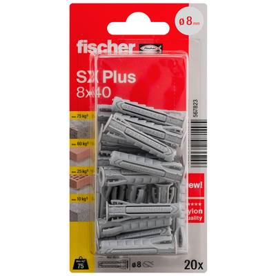 Paquet de chevilles murales Fischer SX Plus, 8x40 mm, 20 pièces, pour trous de perçage de 8 mm, présenté en emballage blister transparent.