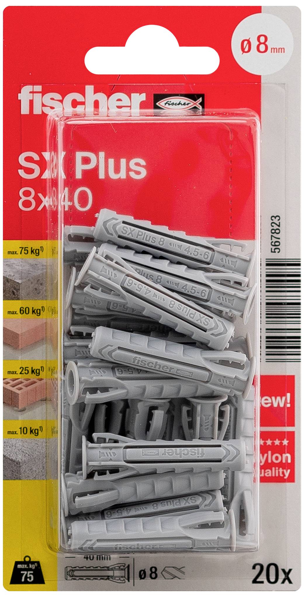 Boîte de 20 chevilles Fischer Sx Plus grises 8x40mm, adaptées pour des charges jusqu'à 75kg.