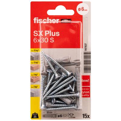 Lot de chevilles murales Fischer SX Plus 6x30 S et vis, ensemble de 15 pièces, pour trous de 6 mm et charge jusqu'à 25 kg
