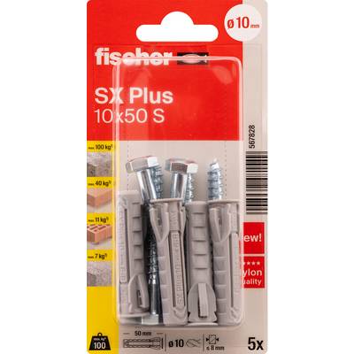 Lot de chevilles Fischer SX Plus et vis de fixation murale, taille 10x50 S, ensemble de 5 pièces, pour béton et maçonnerie