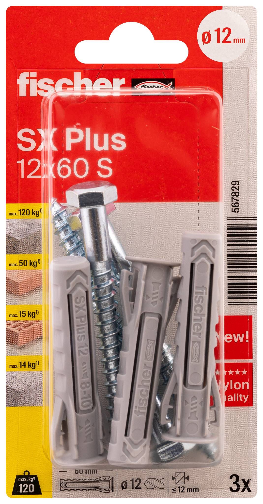 Paquet de chevilles murales Fischer SX Plus et vis, 12 x 60 mm, ensemble de 3 pièces pour fixation lourde, avec les capacités de charge affichées sur le devant.