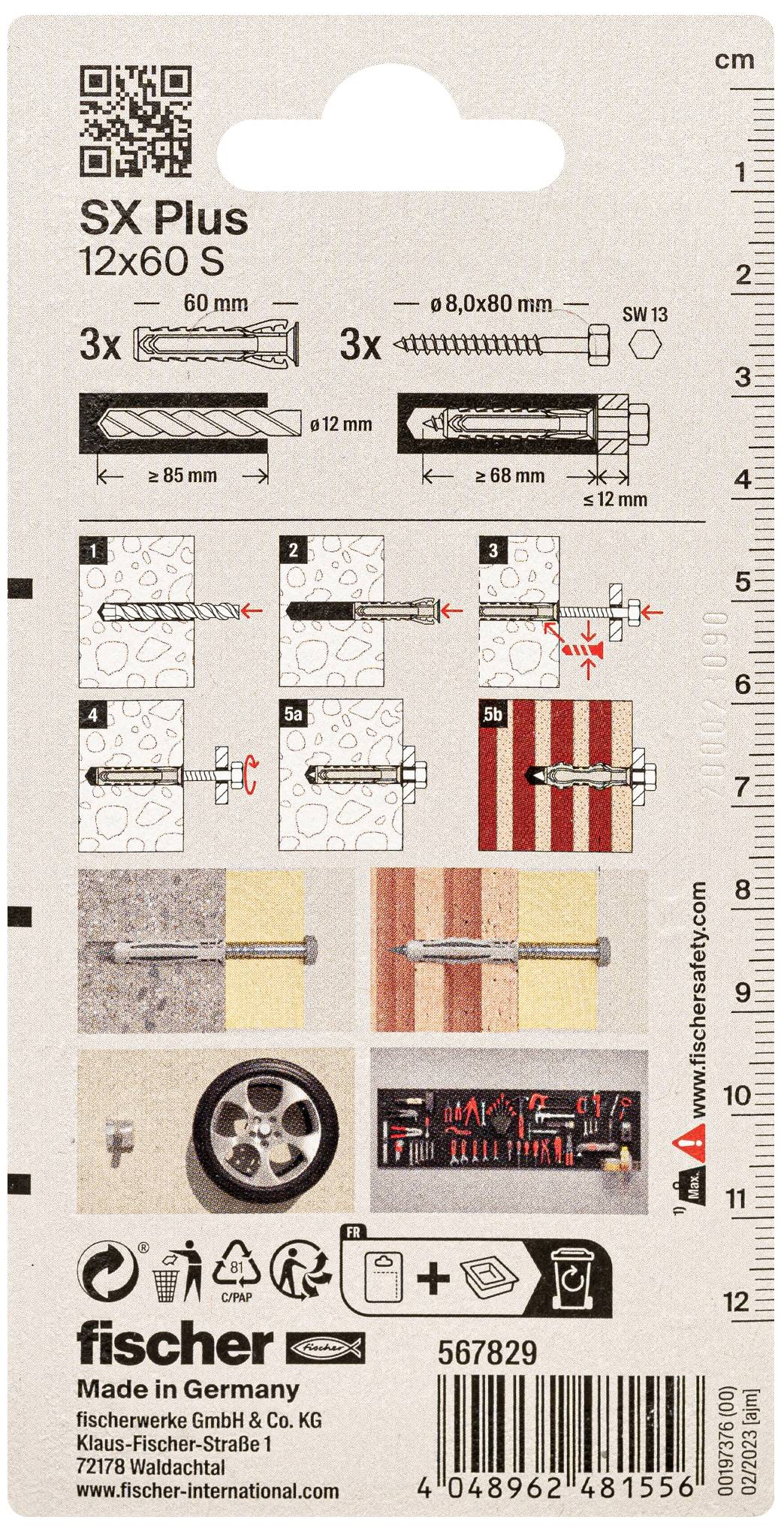 Emballage de chevilles Fischer, modèle 'SX Plus 12x60 S' avec instructions d'installation. Contient trois chevilles avec vis et images d'application.