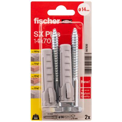 Paquet de chevilles murales fischer SX Plus avec 2 vis, étiqueté 14 x 70 mm, pour utilisation dans la maçonnerie et les cloisons sèches.