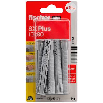 Paquet de chevilles murales Fischer SX Plus, 10 x 80 mm, lot de 6 pièces, présenté dans un emballage rouge et gris.