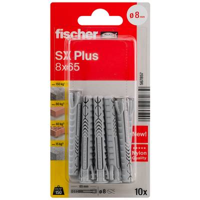 Paquet de chevilles murales Fischer SX Plus 8x65, 10 pièces, pour forets de 8 mm, avec les charges admissibles indiquées sur le devant.