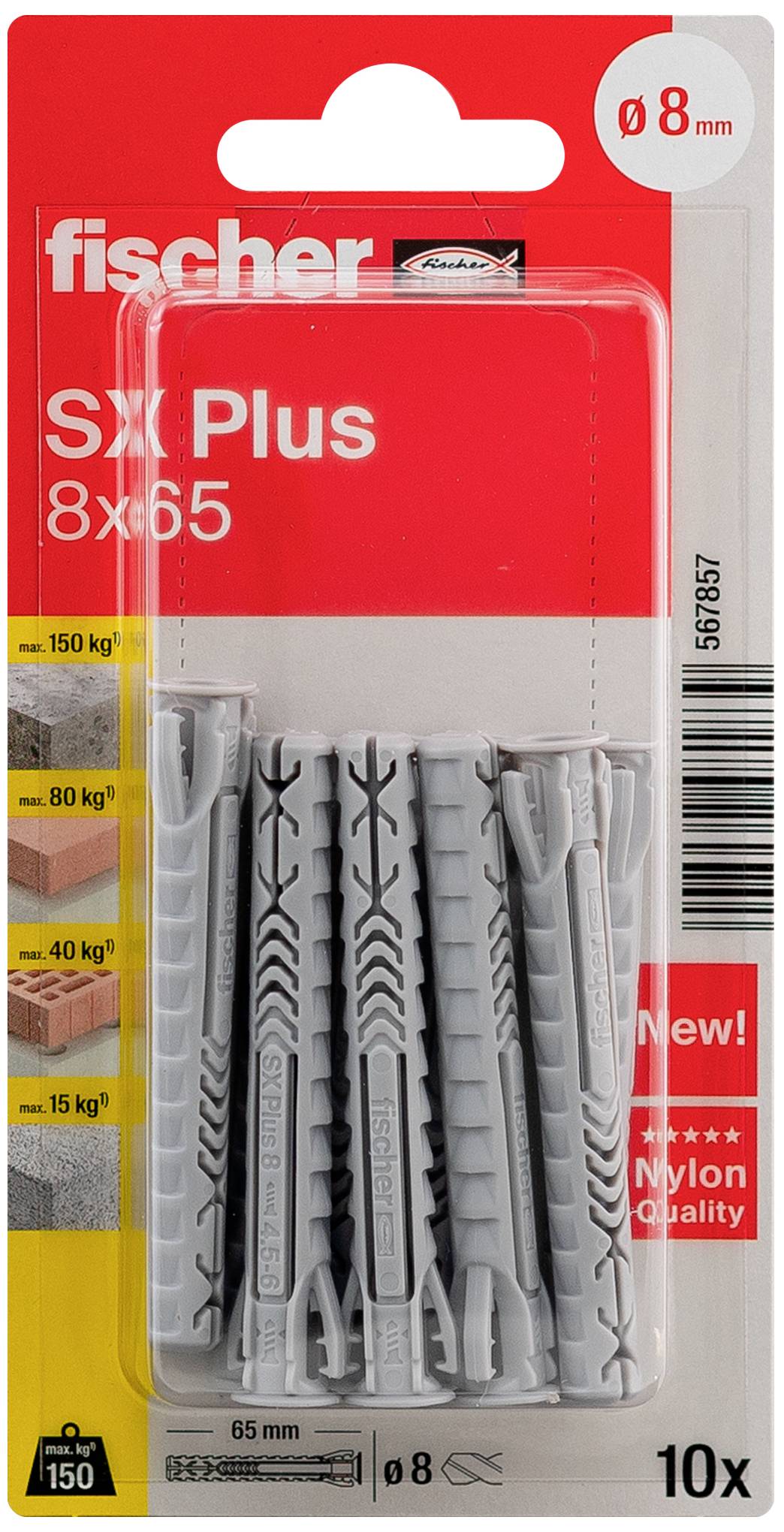 Chevilles Fischer SX Plus 8x65, adaptées aux trous de 8 mm. Charges admissibles recommandées : 150 kg en béton, 40 kg en brique pleine, 20 kg en brique creuse. Contient 10 pièces.