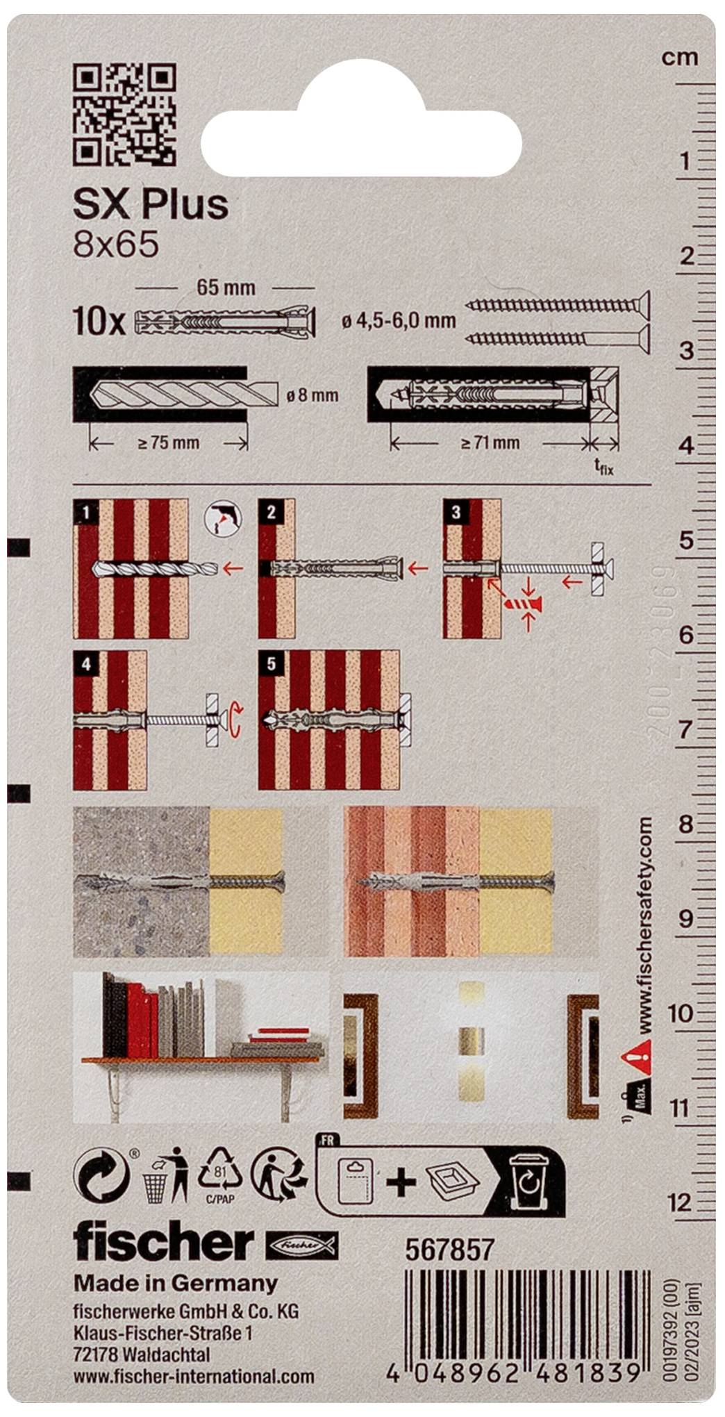 Emballage d'une cheville Fischer SX Plus 8x65 avec images d'application, instructions et informations dimensionnelles. Fabriqué en Allemagne.