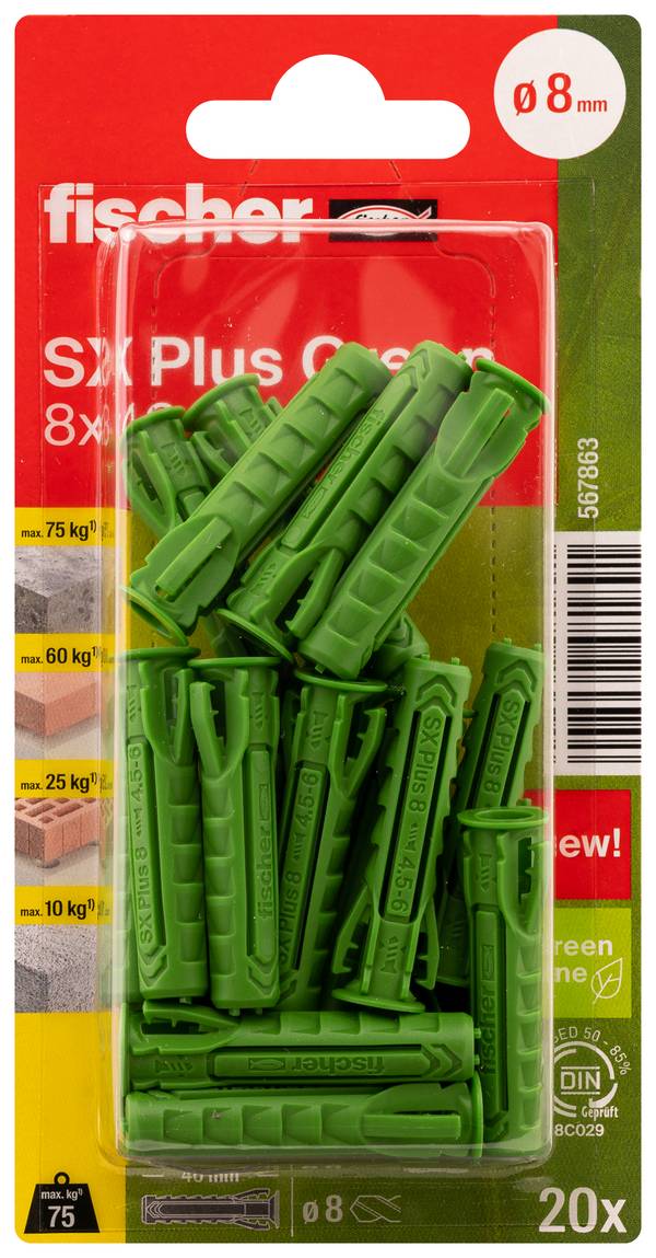 Fischer 567863 SX Plus Green Cheville à expansion 40 mm 8 mm 20 pc(s)