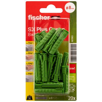 Paquet de 20 chevilles murales vertes Fischer SX Plus 8 mm en emballage blister pour la fixation dans la maçonnerie et les cloisons sèches.