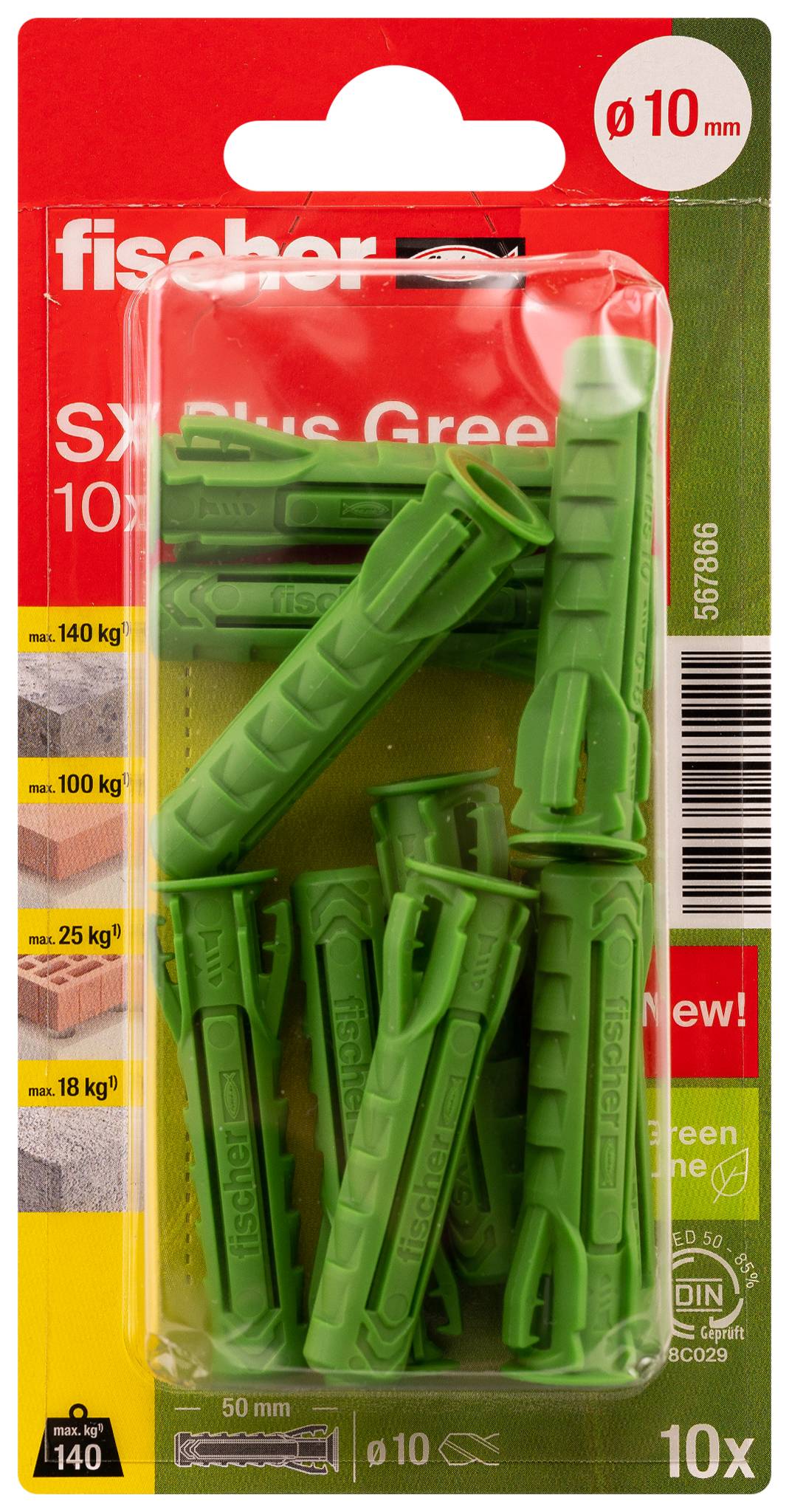 Paquet de chevilles murales Fischer SX Plus Green vertes, ø10 mm, 10 pièces, pour fixation dans la maçonnerie, charge max 140 kg