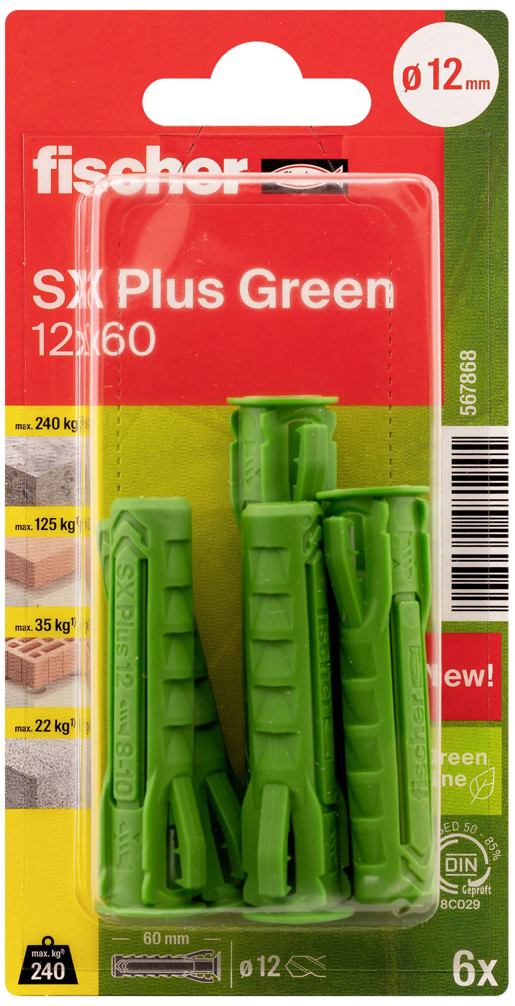 Cheville Fischer SX Plus Green 12x60, chevilles en plastique vertes en emballage, adaptées pour des charges allant jusqu'à 240 kg. Contient six pièces.