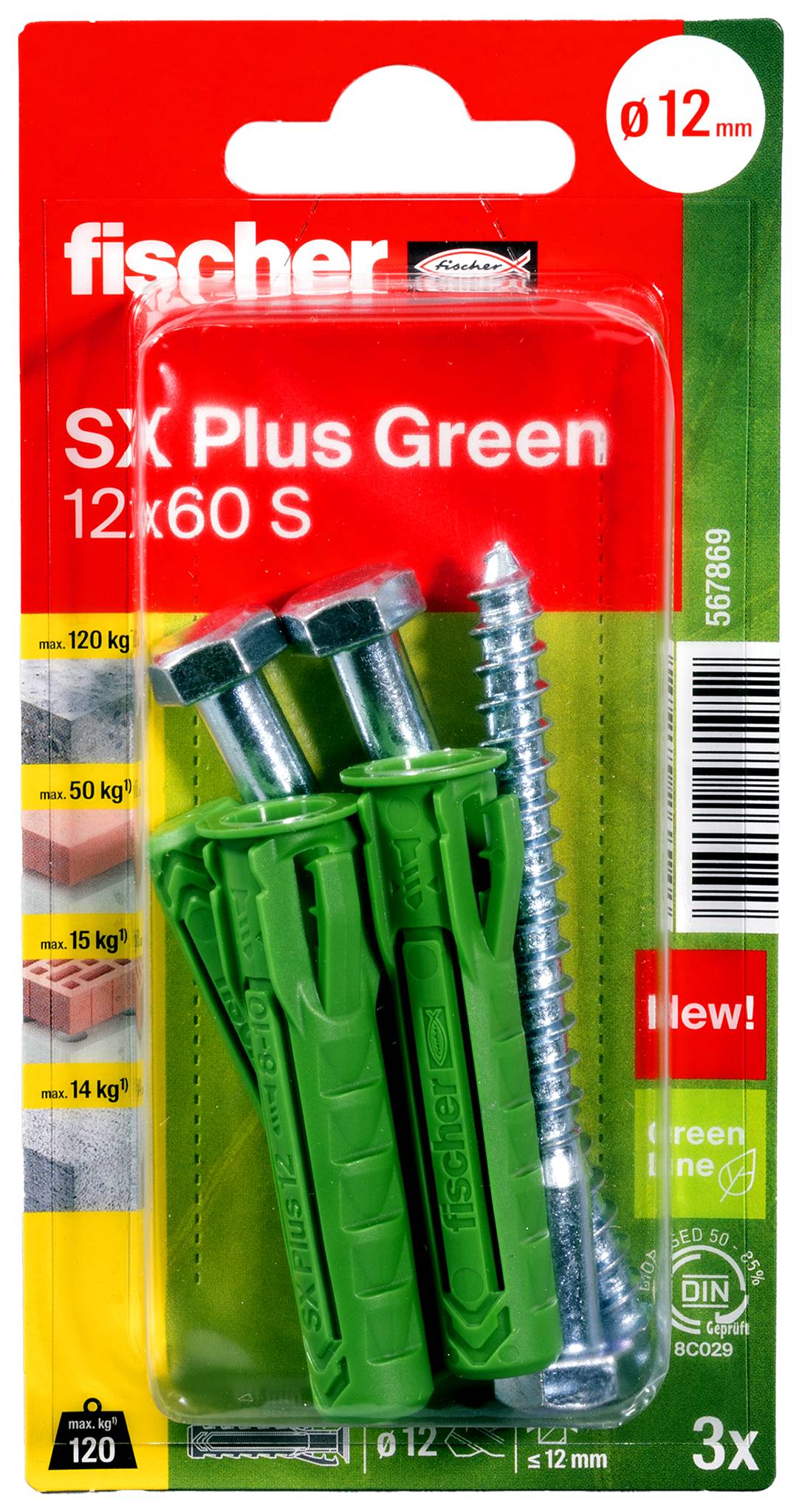 Paquet de chevilles murales Fischer SX Plus Green avec une vis, étiqueté « Ø 12 mm » et « 12 x 60 S », montrant 3 chevilles vertes dans un emballage rouge-jaune-vert.