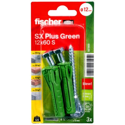 Paquet de chevilles murales Fischer SX Plus Green avec une vis, étiqueté « Ø 12 mm » et « 12 x 60 S », montrant 3 chevilles vertes dans un emballage rouge-jaune-vert.