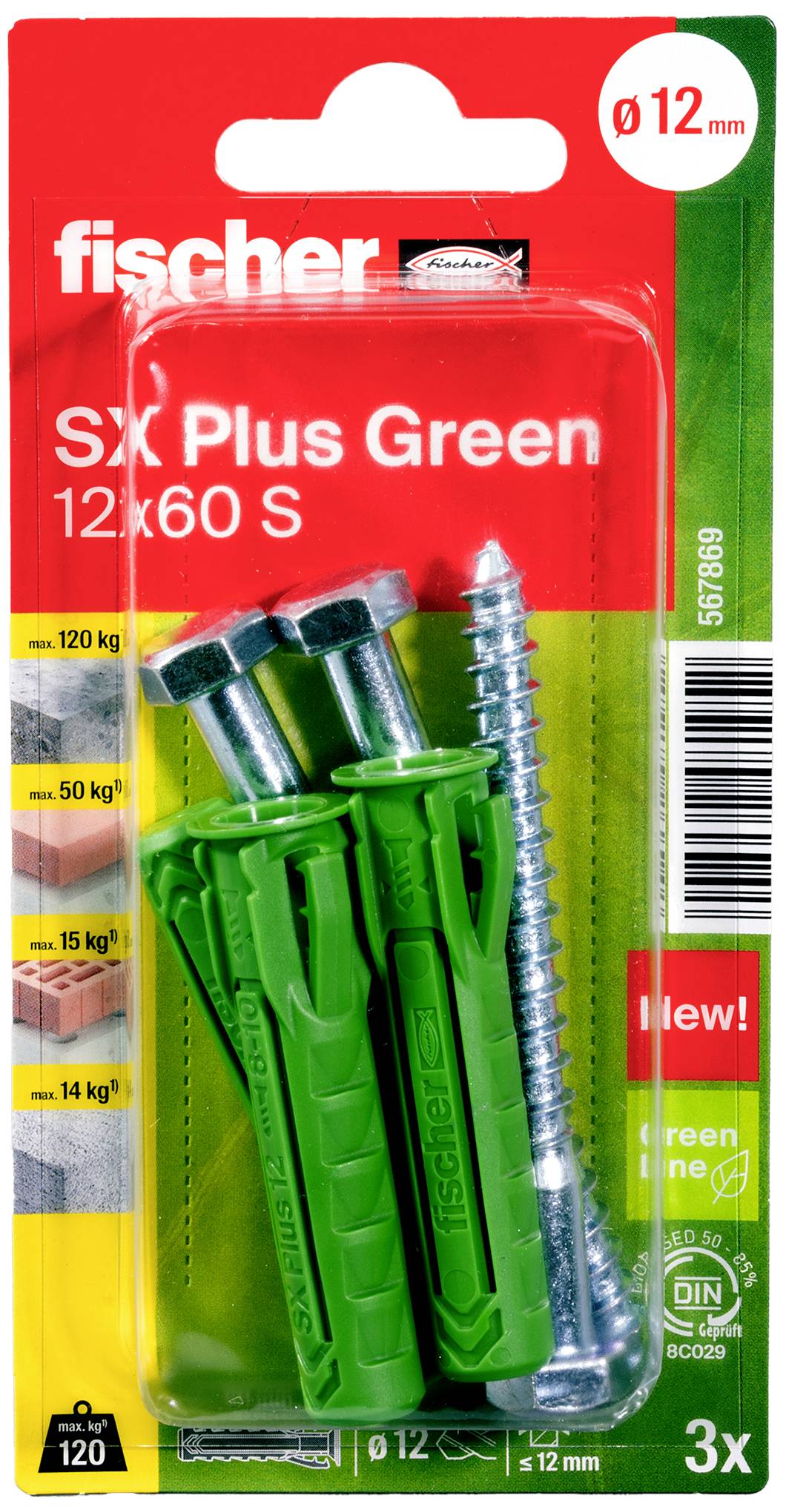 Emballage pour Cheville Fischer SX Plus Green, 12x60 S, avec 3 chevilles vertes et vis, supporte jusqu'à 120 kg, respectueuse de l'environnement.