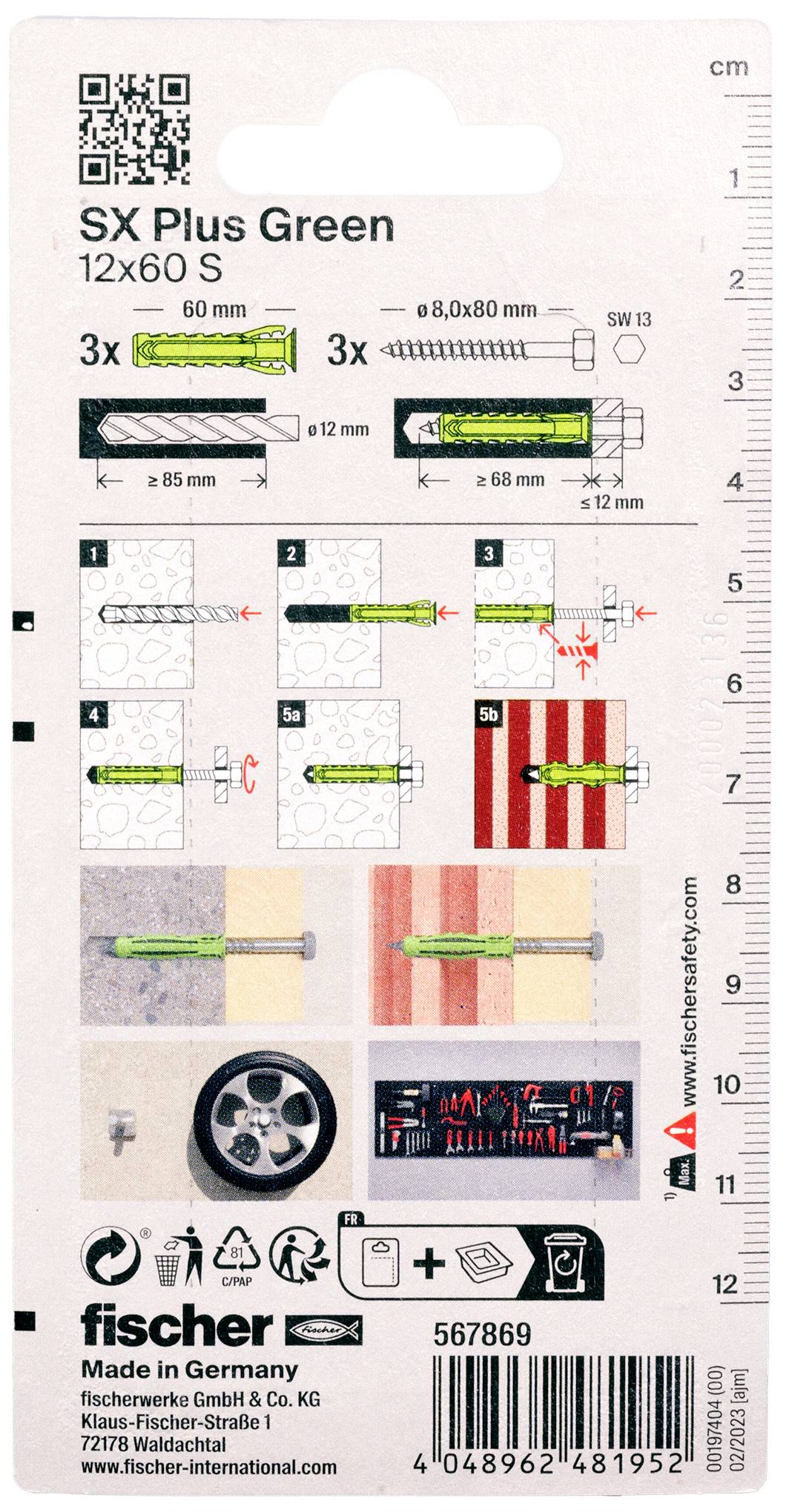 'Fischer SX Plus Green 12x60 S' Notice de montage, étape par étape, pour la fixation dans différents matériaux avec des icônes et des dimensions.