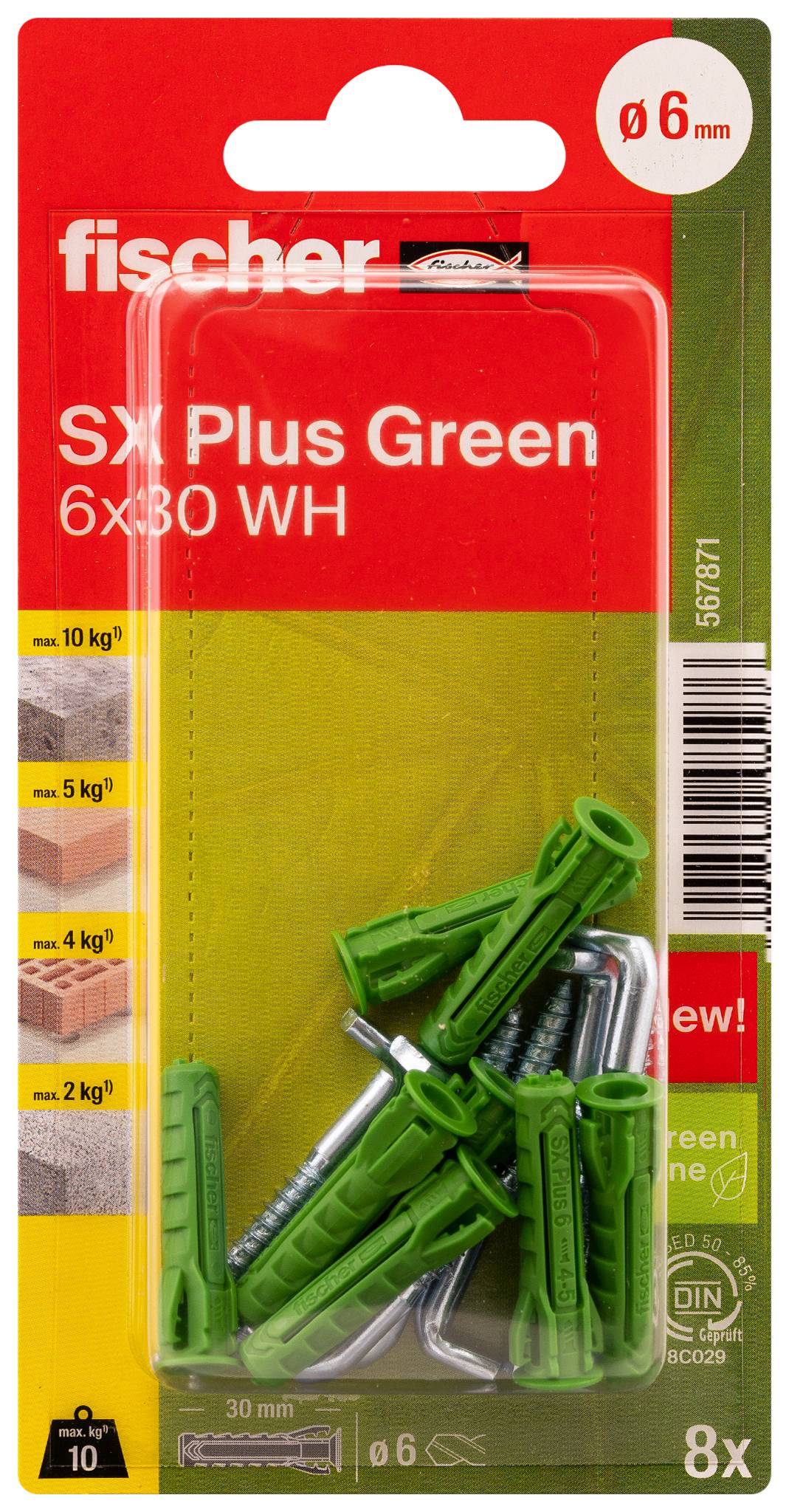 Paquet de chevilles murales Fischer SX Plus Green 6x30 avec vis, ø6 mm, ensemble de 8 pièces, emballage blister rouge et vert.