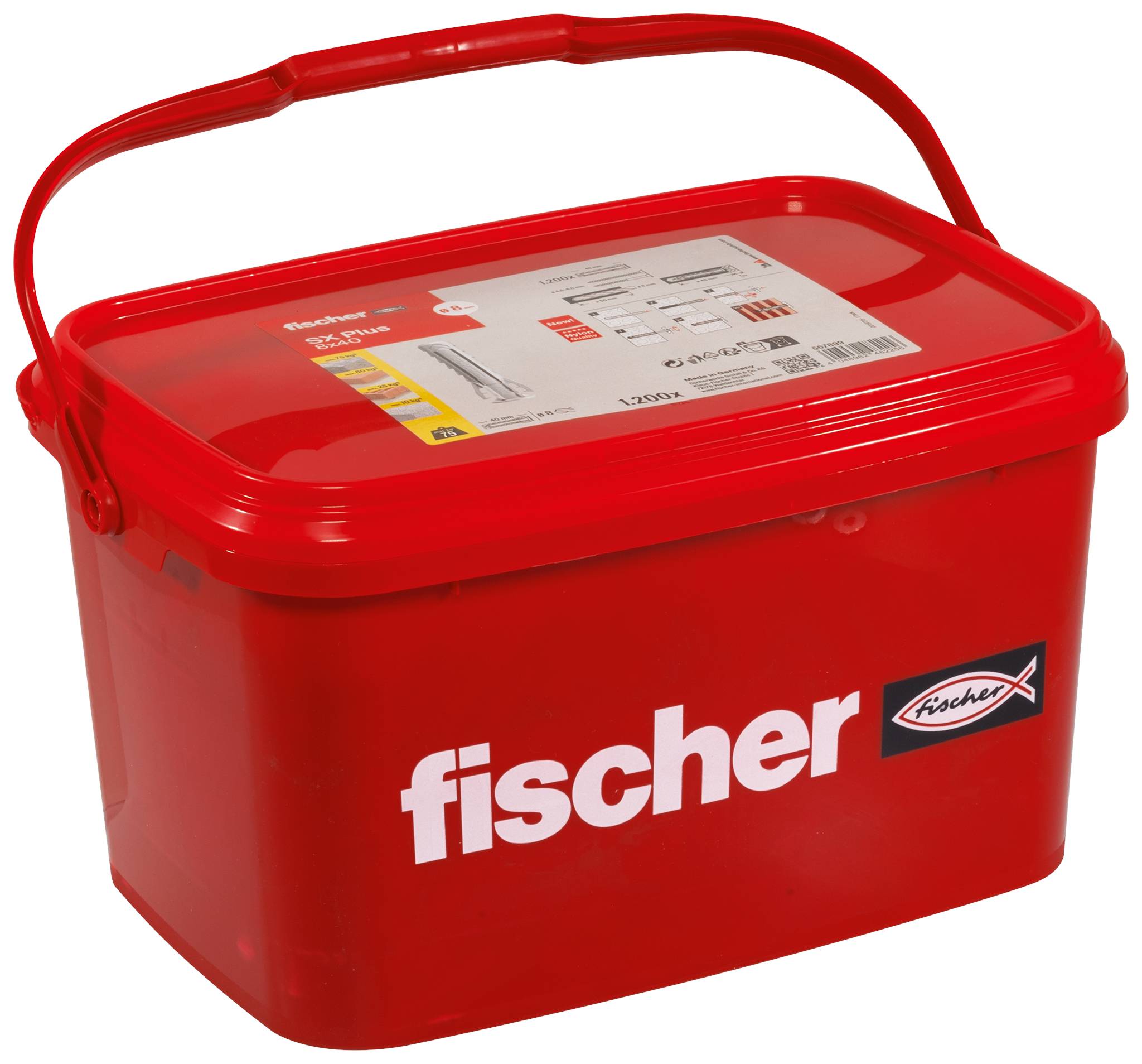 Boîte de rangement Fischer en plastique rouge avec une poignée de transport et un couvercle étiqueté, présentée sur un fond blanc.